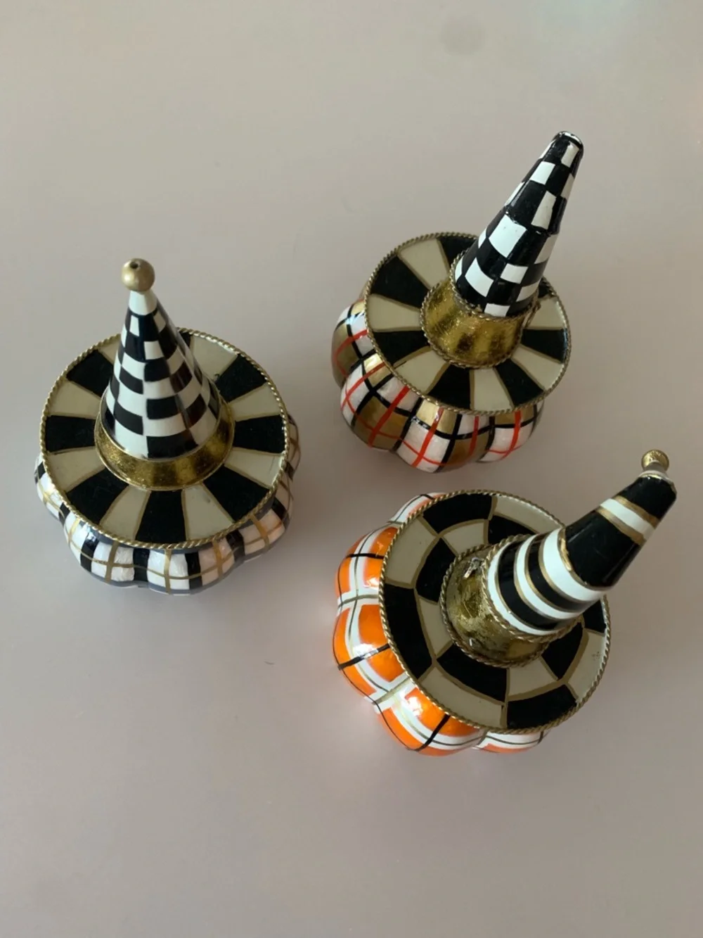 MacKenzie Childs mini pumpkin trio with witch hats